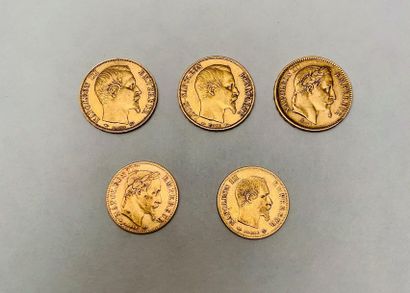 null Lot de 5 Napoléon or: 20 Francs 1852 tête nue Poids : 6,4 grammes ; 20 Francs...