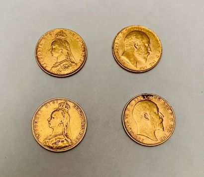 null Lot de 4 pièces en or jaune : 2 Souverains Reine Victoria, Type Saint Georges,...
