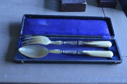 null Silver and horn salad servers in its case