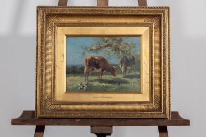 null Rosa VENNEMAN (c.1825-1909) Paysages aux vaches. Paire d'huiles sur panneau...