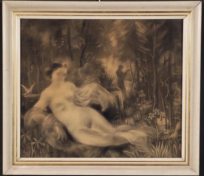 null 
Charles CATY (1868-1947)
Naked woman lying naked in lush vegetation.
Charcoal...