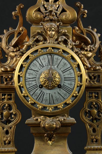 null 
Clock in patinated gilt and silvered bronze with Neo-Renaissance decoration.
The...