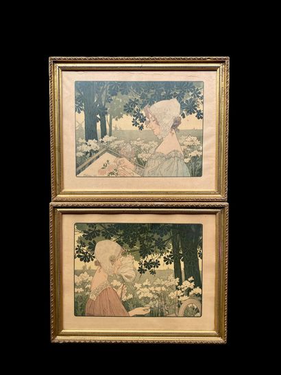  Henri PRIVAT-LIVEMONT (1861-1936)
Deux lithographies en couleur d’époque Art nouveau...