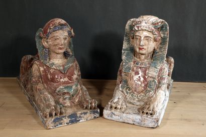  Importante et exceptionnelle paire de sculptures représentant un couple de sphinge...