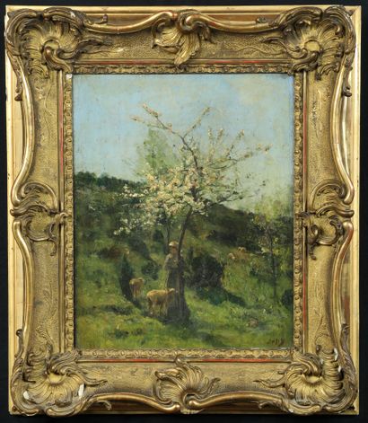  Louis Aimé JAPY (1839-1916). Pommier en fleurs. Huile sur bois. 41 x 32 cm. 