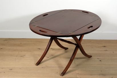  Liner side table in mahogany and mahogany veneer, composed of a folding top with...