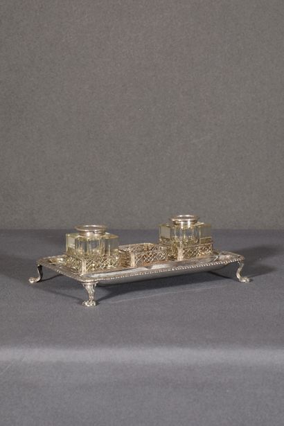 George III silver desk inkwell with oblique...