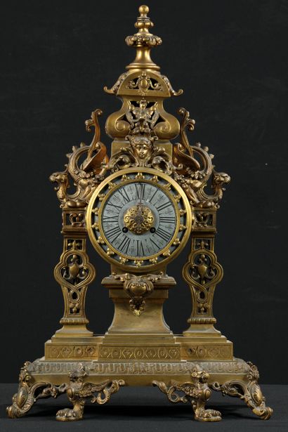 null 
Clock in patinated gilt and silvered bronze with Neo-Renaissance decoration.
The...