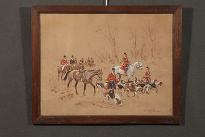  De MARCILLAC (XIX - XXème siècle). Chasse à courre. Gouache et aquarelle. Signée...