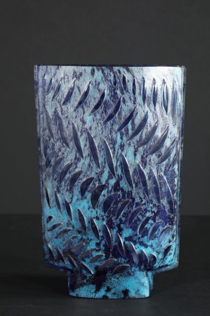 null DAUM FRANCE Thick blue glass paste pedestal vase with relief decoration of flames....