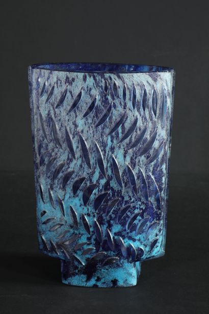 null DAUM FRANCE Thick blue glass paste pedestal vase with relief decoration of flames....