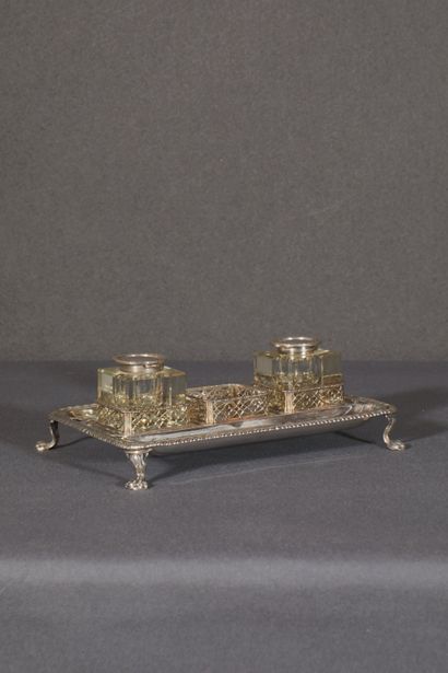 null George III silver desk inkwell with oblique gadroon contours. Fitting for openwork...