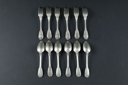  Six silver cutlery in net model, monogrammed...