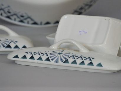 null White and blue earthenware toiletry set with geometrical decoration including...