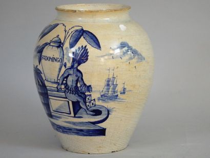 null Ceramic tobacco pot with indigenous decoration, legend "St Dominguo". 18th century....