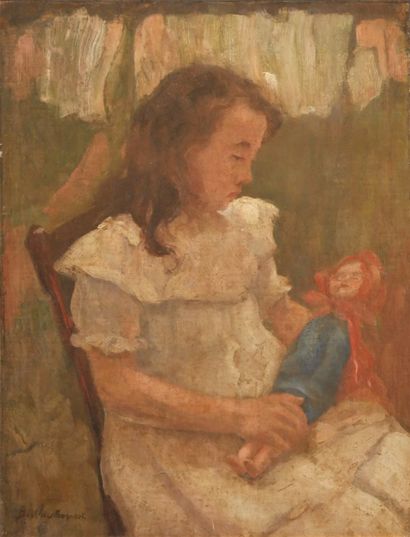  Modern school. Girl with a doll, oil on...