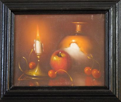 null After WALLACE (XXth century), Still life with vase and candlestick. Oil on canvas,...