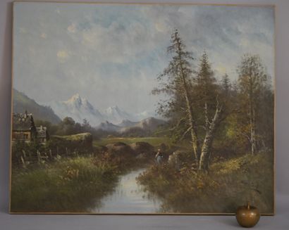 null HENRION ( XIX-XXème siècle) Paysage de montagne. Huile sur toile, signée en...