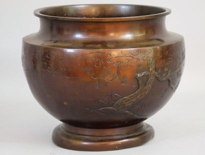 null Pot en bronze à patine brune à décor d'arbres et d'oiseaux. Japon, début XXème...