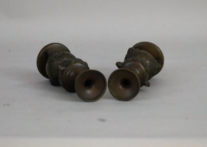 null 
Pair of incense sticks holders in bronze with brown patina. China early 20th...