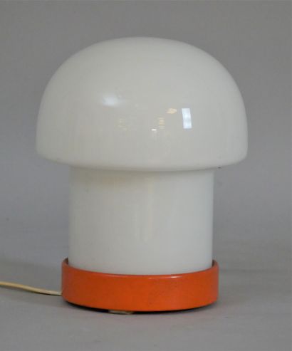 null 
Mushroom-shaped bedside lamp in opaline glass, base in orange lacquered metal....
