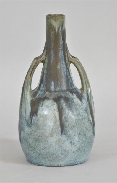 null Soliflore ceramic vase with sky blue and brown glaze, with a belly, small tubular...