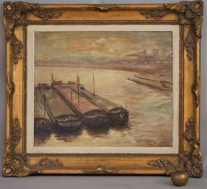 null French school Xxth century, Peniches in the port, oil on canvas signed lower...