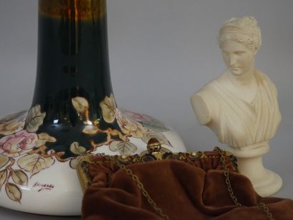 null Lot including a gilt metal and brown velvet evening bag, a resin bust of Artemis

of...