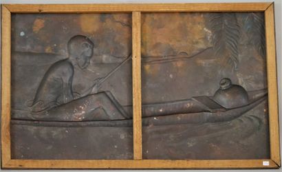 null CONTEMPORARY SCHOOL Fisherman in his dugout. Copper plate embossed and patinated....
