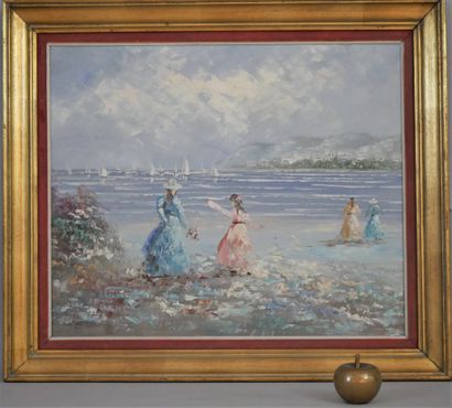 null 
Marie CHARLOT (XXème siècle), Jeunes filles au bord de la mer du Nord. Huile...