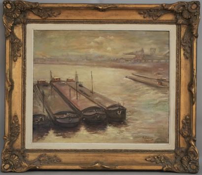 null French school Xxth century, Peniches in the port, oil on canvas signed lower...