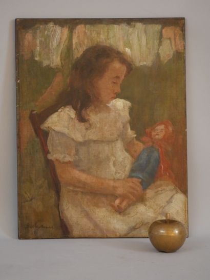 null 
Modern school. Girl with a doll, oil on canvas, mounted on panel, bears an...