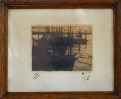 null Auguste OLEFFE (1867-1931) Boats moored. Etching in colours signed and dated...