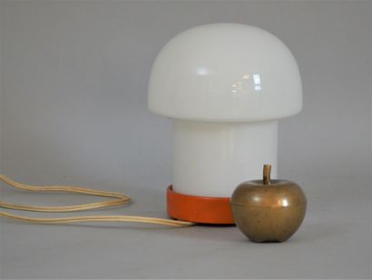 null 
Mushroom-shaped bedside lamp in opaline glass, base in orange lacquered metal....