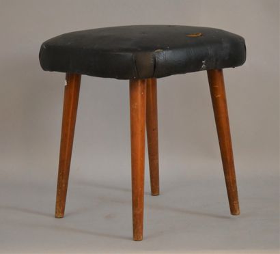 null THONET. Wooden stool, compass legs and skai top. Carry a label on the back (damaged...
