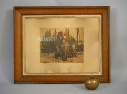 null Auguste OLEFFE (1867-1931) Return from fishing. Etching in colours signed, dated...