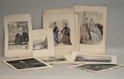 null Set of engravings on fashion and landscape and two old engravings. (Stains,...