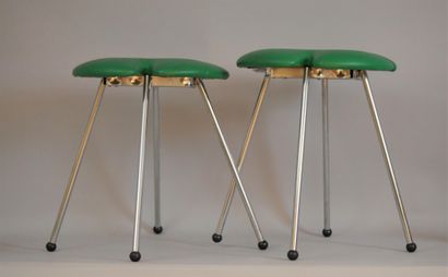 null EFFEZETA. Pair of stools in chromed metal and green skai top. Italian work around...