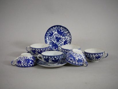 null Six white "eggshell" porcelain teacups with blue applied chrisanthemum and Phoenix...