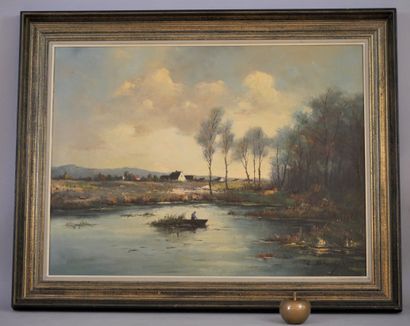 null 
L. BRUY (XXth century), Pond with fisherman. Oil on canvas, signed lower right....