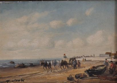 null F.NICOLI (Xth century) Return from fishing at low tide. Oil on canvas, signed...