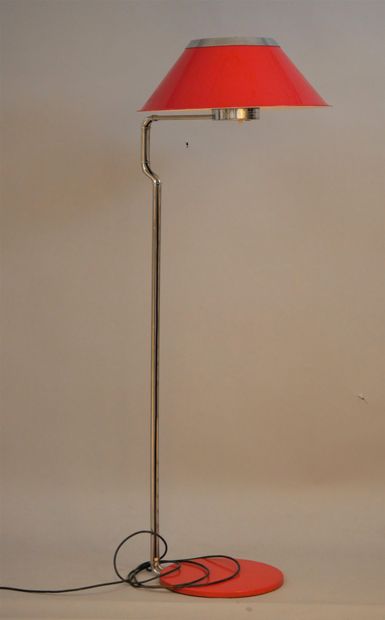 null 
KOSTA LAMPAN, Golvlampa "Mars", chromed metal lamp, red bakelite shade. Numbered...