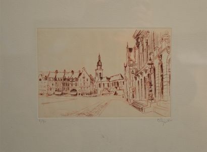 null Michelle DEQUEKER (1933-2016). View of a square in the North. Sepia lithograph,

signed...