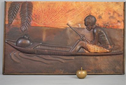 null CONTEMPORARY SCHOOL Fisherman in his dugout. Copper plate embossed and patinated....