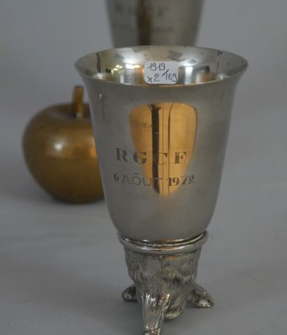 null Pair of silver plated hunting cups consisting of a tulip cup and a fox head...