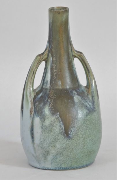 null Soliflore ceramic vase with sky blue and brown glaze, with a belly, small tubular...