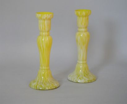 null Pair of soliflores which can form candlesticks out of yellow and white two-tone...