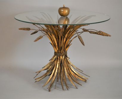 null Gilded brass coffee table representing a sheaf of wheat ears held by a twisted...