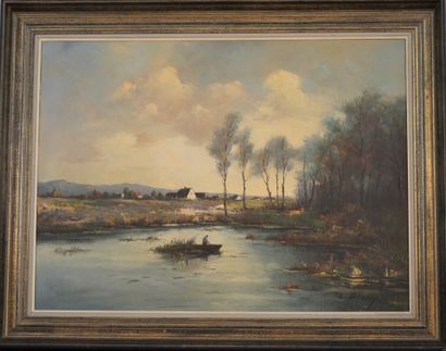 null 
L. BRUY (XXth century), Pond with fisherman. Oil on canvas, signed lower right....