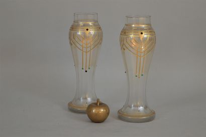 null Pair of white glass baluster vases with small red and green pink glass pellets...